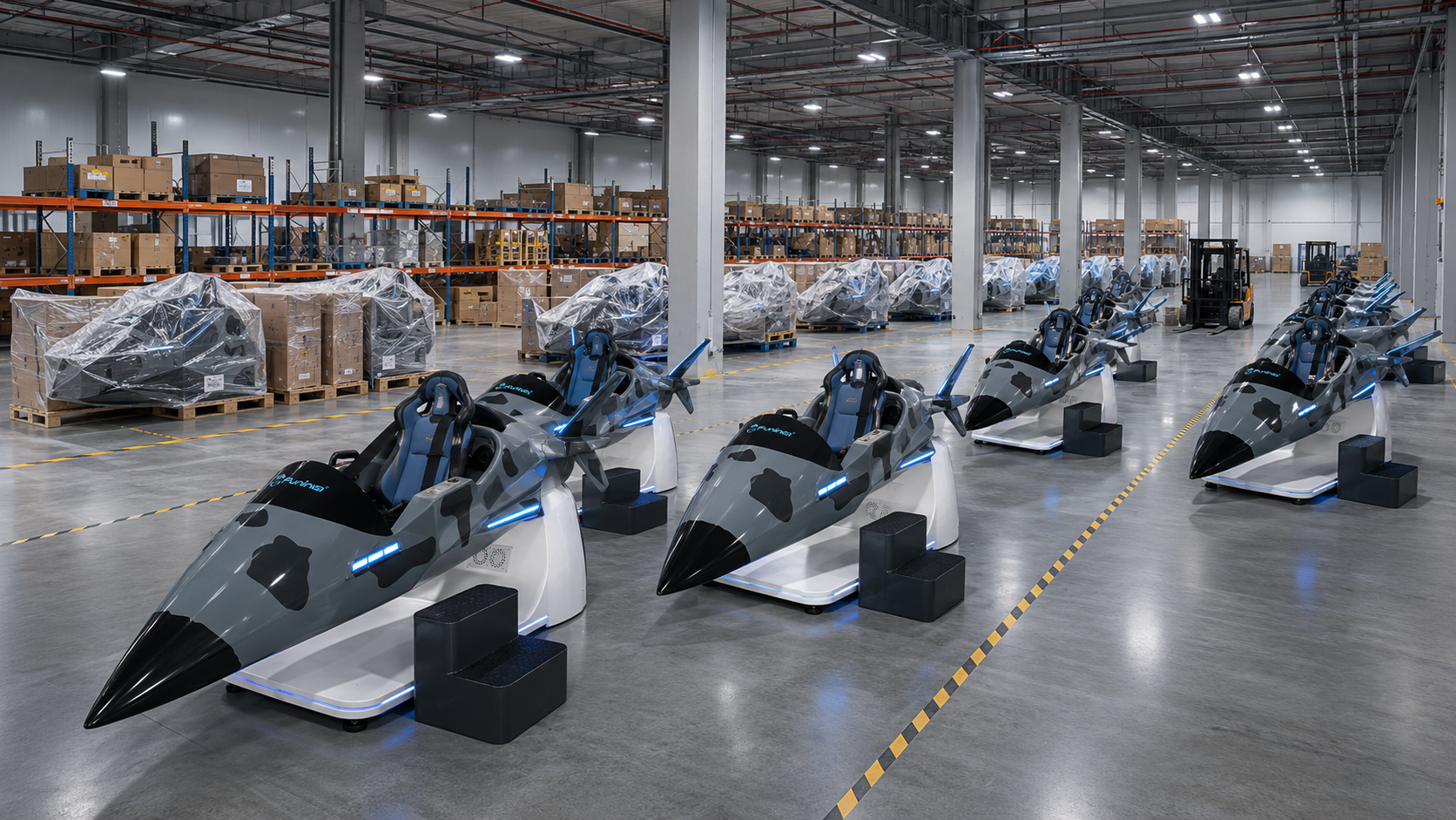 SkyPilotVR storage area with finished simulator units prepared for delivery